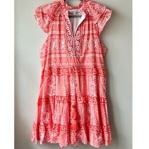 Bella Tu Tiered Beaded Lightweight White and Coral Orange Floral Ruffle Dress